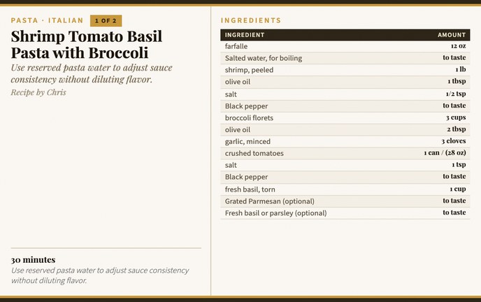 Shrimp Tomato Basil Pasta with Broccoli recipe card