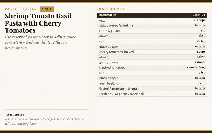 Shrimp Tomato Basil Pasta with Cherry Tomatoes recipe card