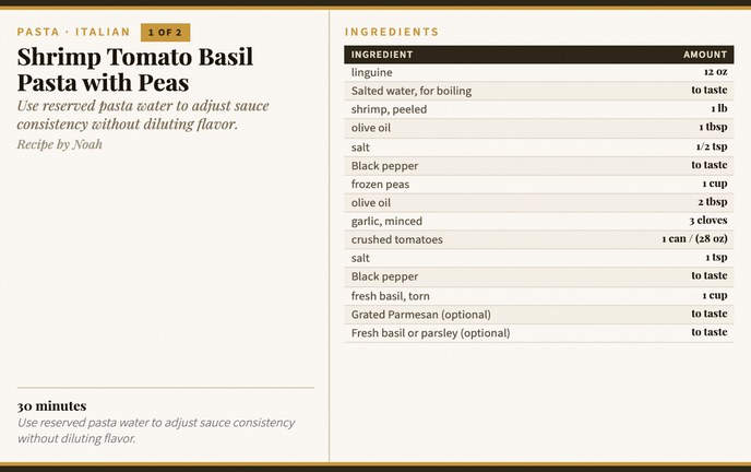 Shrimp Tomato Basil Pasta with Peas recipe card