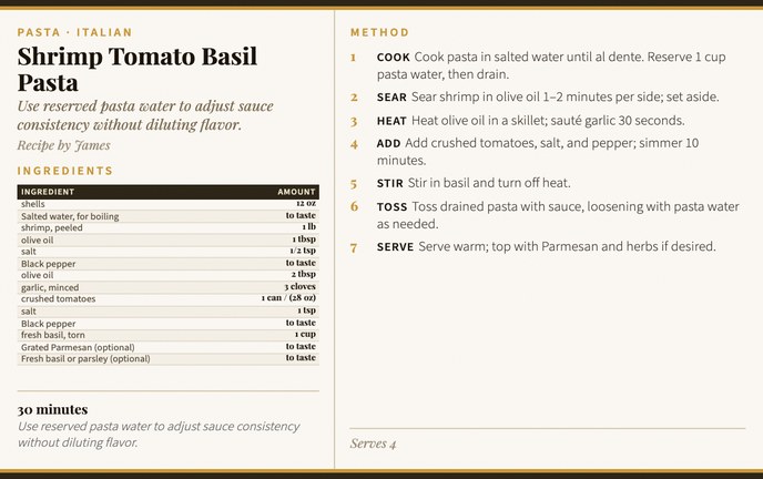 Shrimp Tomato Basil Pasta recipe card