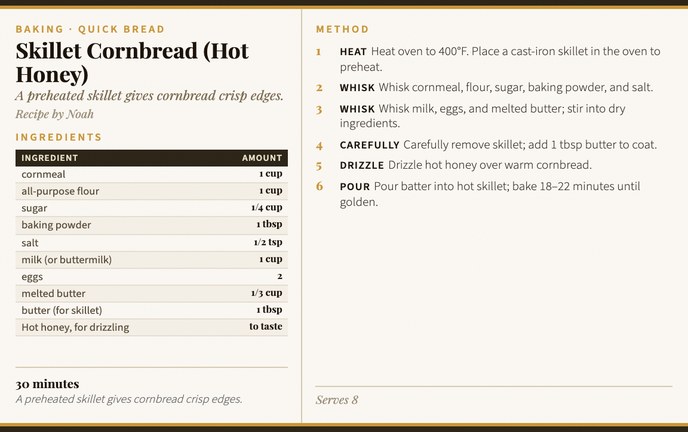 Skillet Cornbread (Hot Honey) recipe card