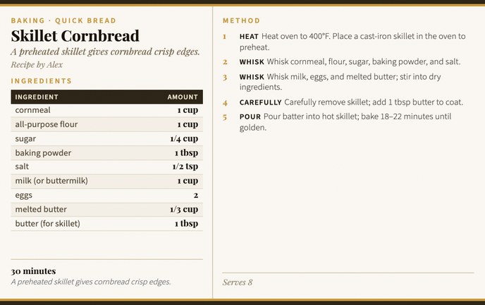 Skillet Cornbread recipe card