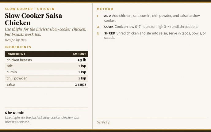 Slow Cooker Salsa Chicken recipe card