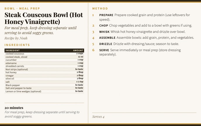 Steak Couscous Bowl (Hot Honey Vinaigrette) recipe card