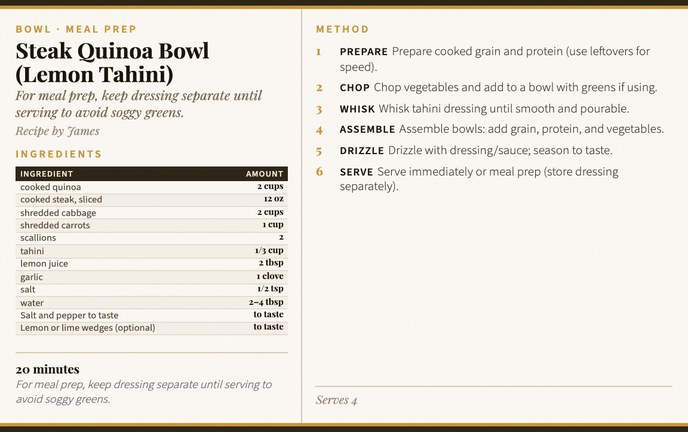 Steak Quinoa Bowl (Lemon Tahini) recipe card