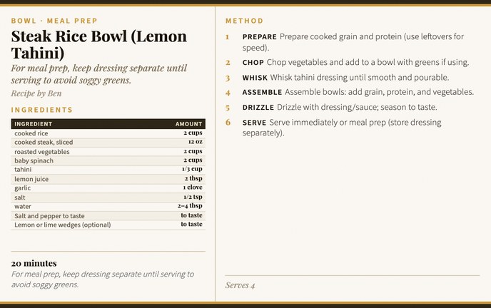 Steak Rice Bowl (Lemon Tahini) recipe card
