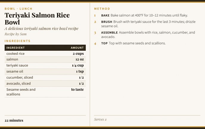 Teriyaki Salmon Rice Bowl recipe card