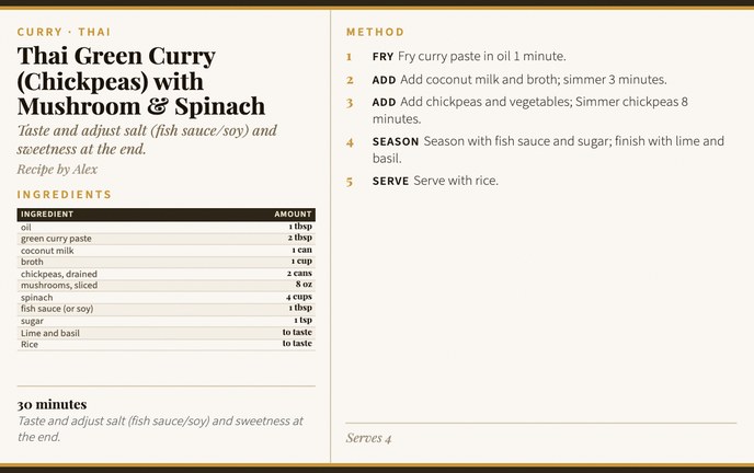 Thai Green Curry (Chickpeas) with Mushroom & Spinach recipe card