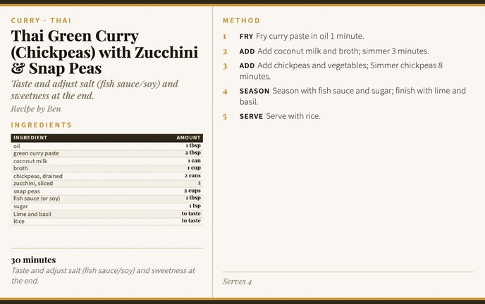 Thai Green Curry (Chickpeas) with Zucchini & Snap Peas recipe card