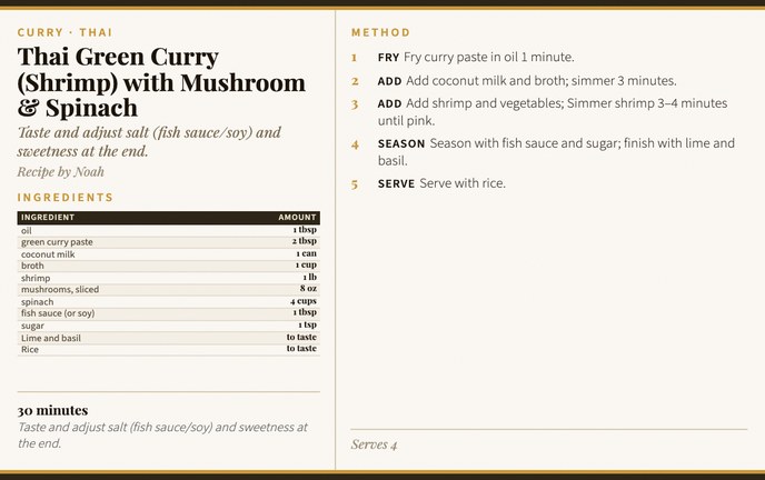 Thai Green Curry (Shrimp) with Mushroom & Spinach recipe card