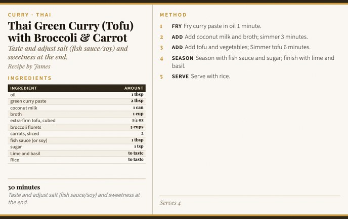 Thai Green Curry (Tofu) with Broccoli & Carrot recipe card