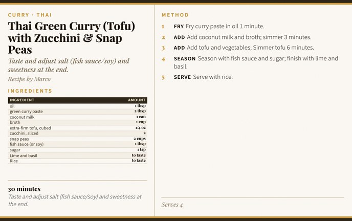 Thai Green Curry (Tofu) with Zucchini & Snap Peas recipe card