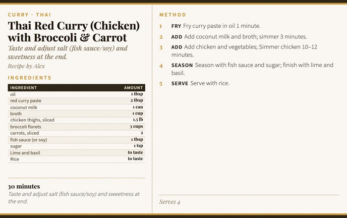 Thai Red Curry (Chicken) with Broccoli & Carrot recipe card