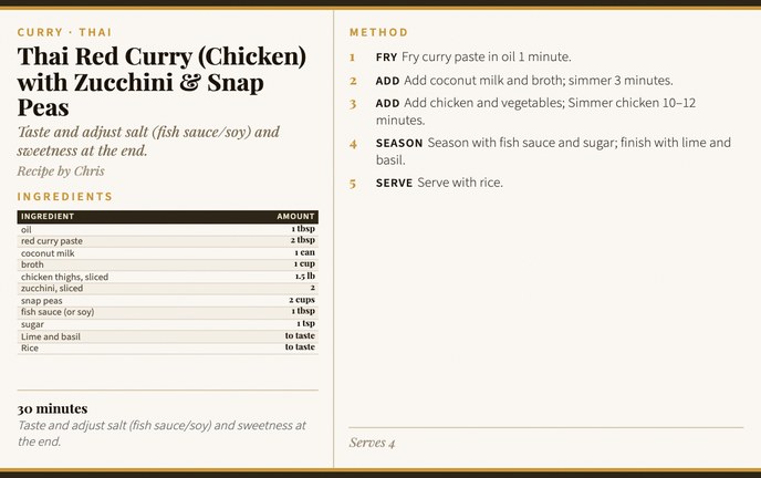 Thai Red Curry (Chicken) with Zucchini & Snap Peas recipe card