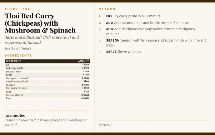 Thai Red Curry (Chickpeas) with Mushroom & Spinach recipe card