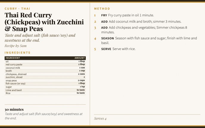 Thai Red Curry (Chickpeas) with Zucchini & Snap Peas recipe card