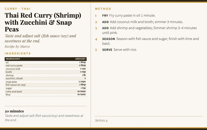 Thai Red Curry (Shrimp) with Zucchini & Snap Peas recipe card