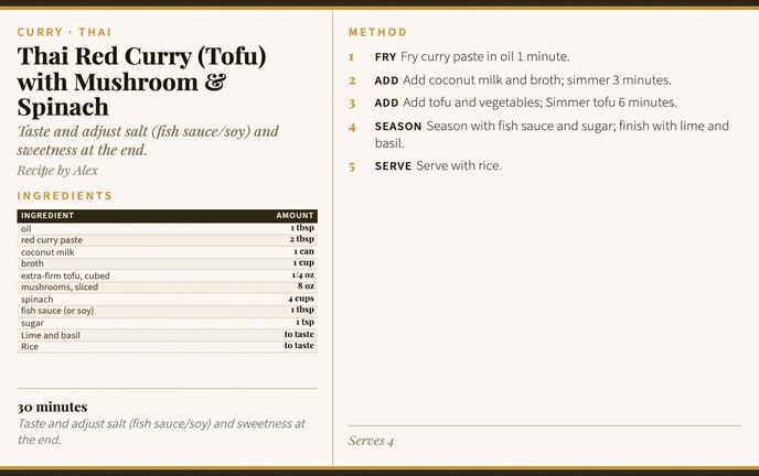 Thai Red Curry (Tofu) with Mushroom & Spinach recipe card