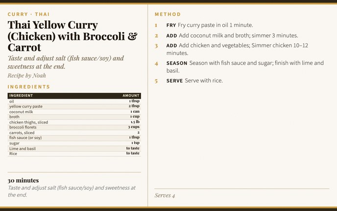 Thai Yellow Curry (Chicken) with Broccoli & Carrot recipe card