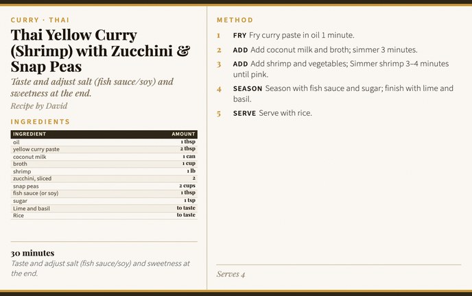 Thai Yellow Curry (Shrimp) with Zucchini & Snap Peas recipe card