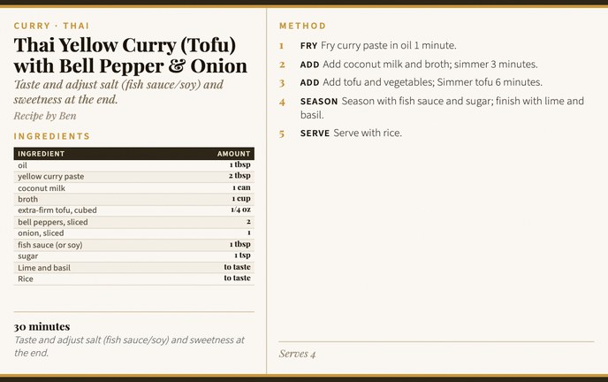 Thai Yellow Curry (Tofu) with Bell Pepper & Onion recipe card