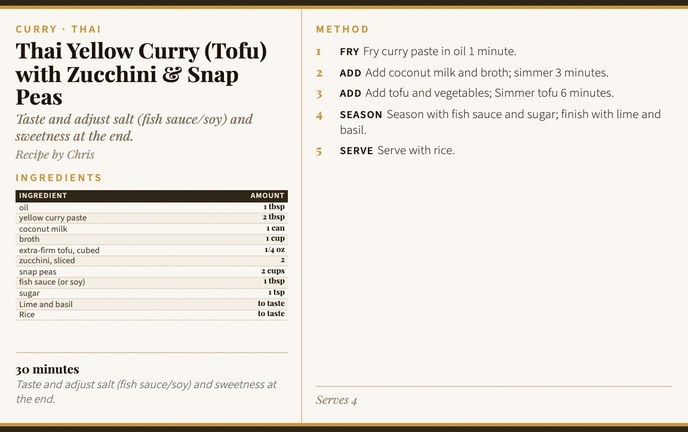 Thai Yellow Curry (Tofu) with Zucchini & Snap Peas recipe card
