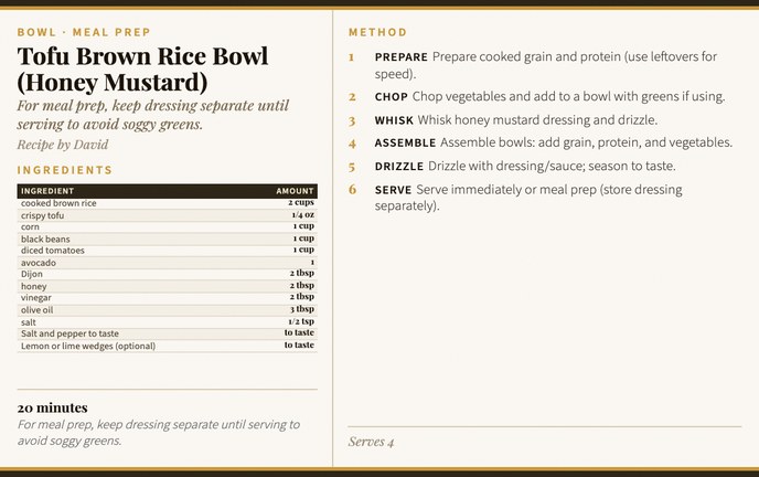 Tofu Brown Rice Bowl (Honey Mustard) recipe card