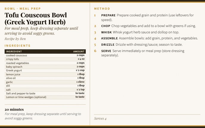 Tofu Couscous Bowl (Greek Yogurt Herb) recipe card