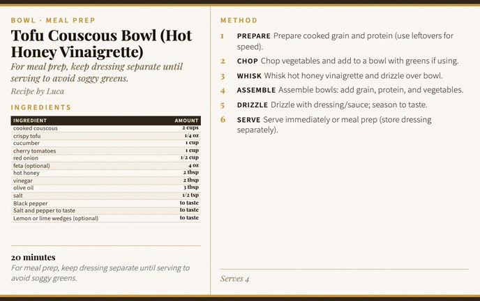 Tofu Couscous Bowl (Hot Honey Vinaigrette) recipe card