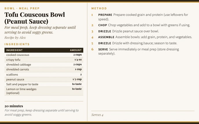 Tofu Couscous Bowl (Peanut Sauce) recipe card