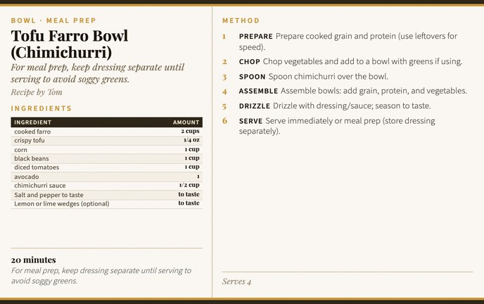 Tofu Farro Bowl (Chimichurri) recipe card