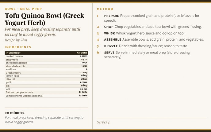 Tofu Quinoa Bowl (Greek Yogurt Herb) recipe card