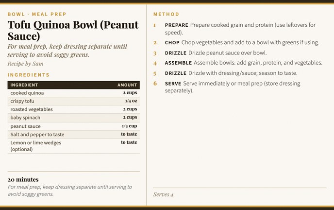 Tofu Quinoa Bowl (Peanut Sauce) recipe card