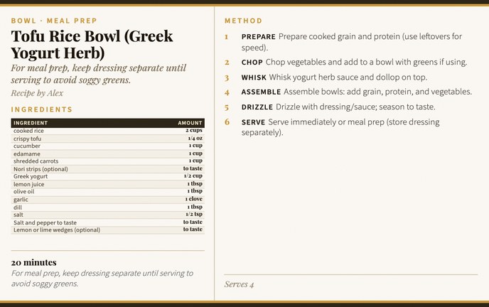 Tofu Rice Bowl (Greek Yogurt Herb) recipe card