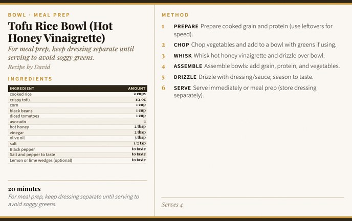 Tofu Rice Bowl (Hot Honey Vinaigrette) recipe card