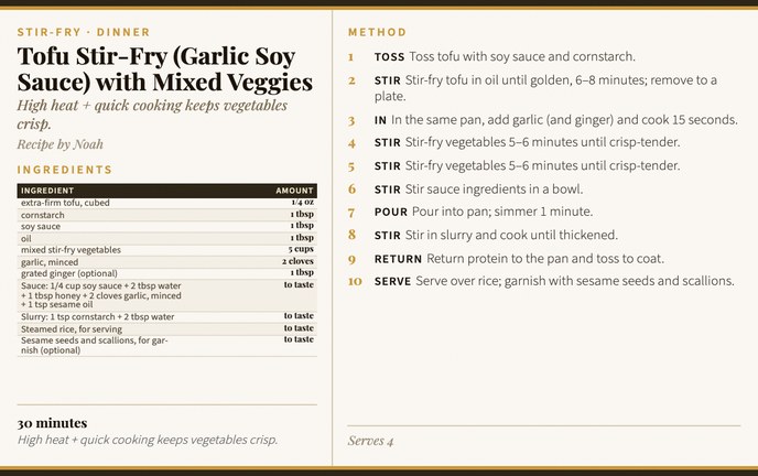 Tofu Stir-Fry (Garlic Soy Sauce) with Mixed Veggies recipe card