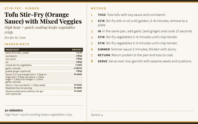 Tofu Stir-Fry (Orange Sauce) with Mixed Veggies recipe card