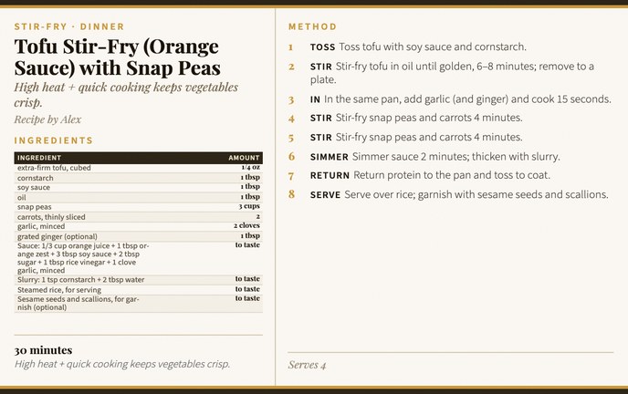 Tofu Stir-Fry (Orange Sauce) with Snap Peas recipe card
