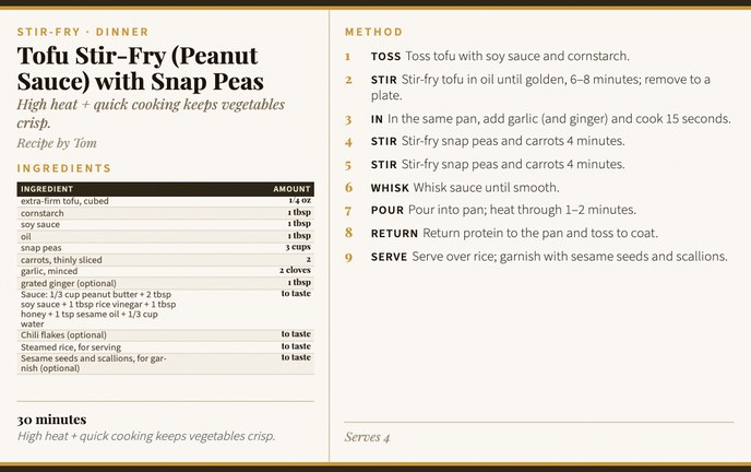 Tofu Stir-Fry (Peanut Sauce) with Snap Peas recipe card