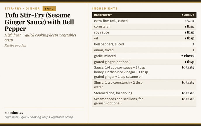 Tofu Stir-Fry (Sesame Ginger Sauce) with Bell Pepper recipe card