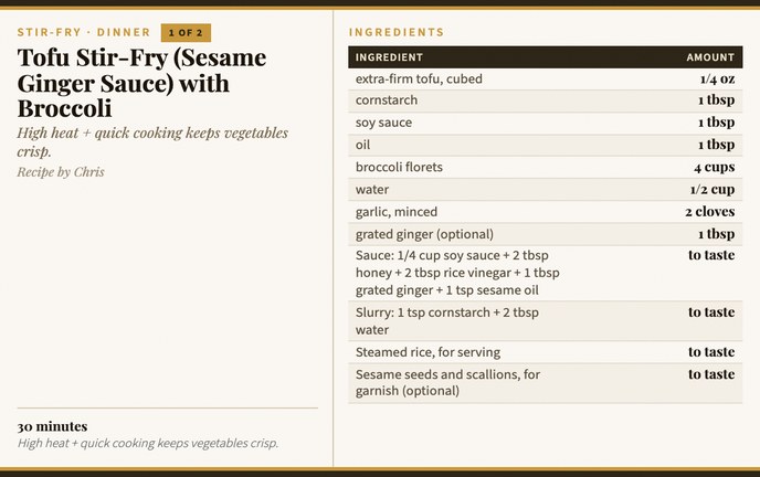 Tofu Stir-Fry (Sesame Ginger Sauce) with Broccoli recipe card