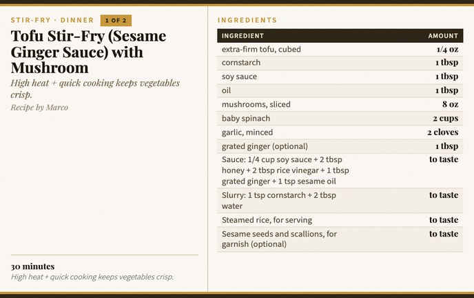 Tofu Stir-Fry (Sesame Ginger Sauce) with Mushroom recipe card