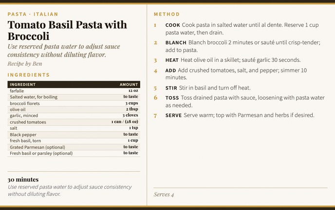 Tomato Basil Pasta with Broccoli recipe card