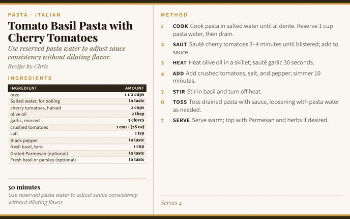 Tomato Basil Pasta with Cherry Tomatoes recipe card