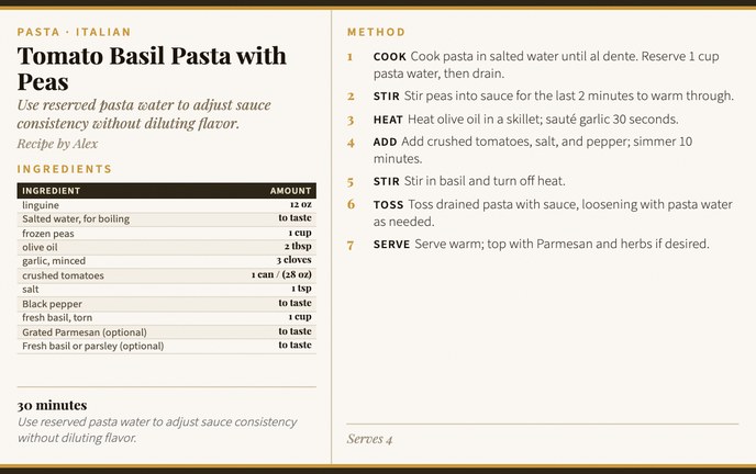 Tomato Basil Pasta with Peas recipe card