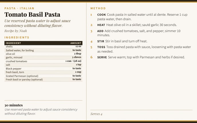 Tomato Basil Pasta recipe card