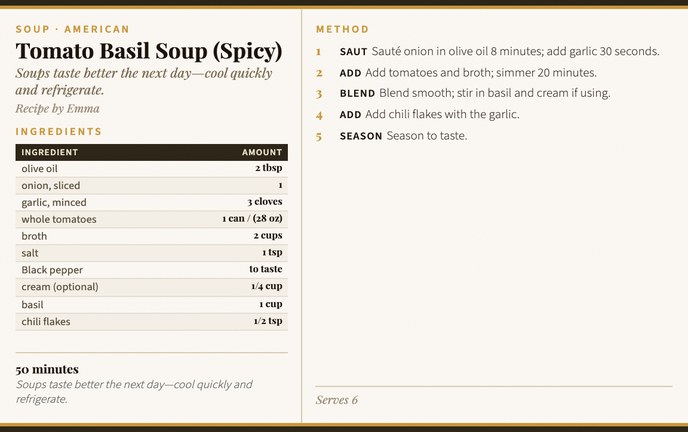 Tomato Basil Soup (Spicy) recipe card