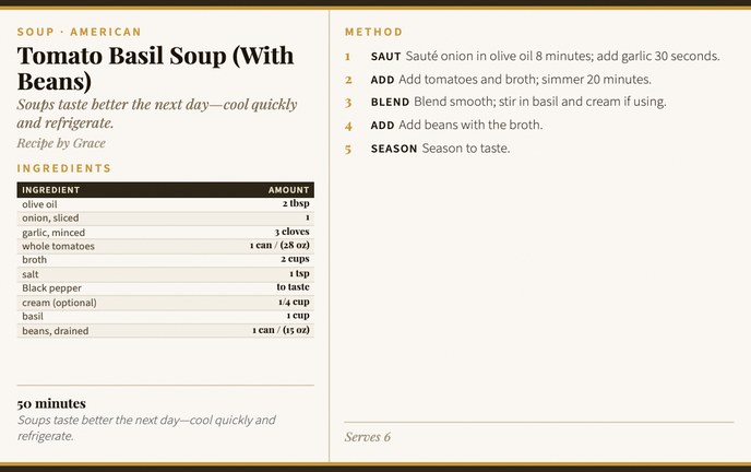 Tomato Basil Soup (With Beans) recipe card