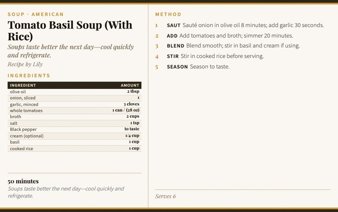 Tomato Basil Soup (With Rice) recipe card
