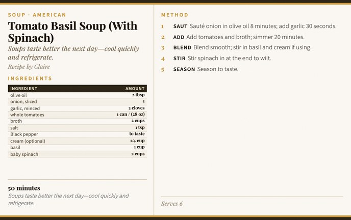 Tomato Basil Soup (With Spinach) recipe card